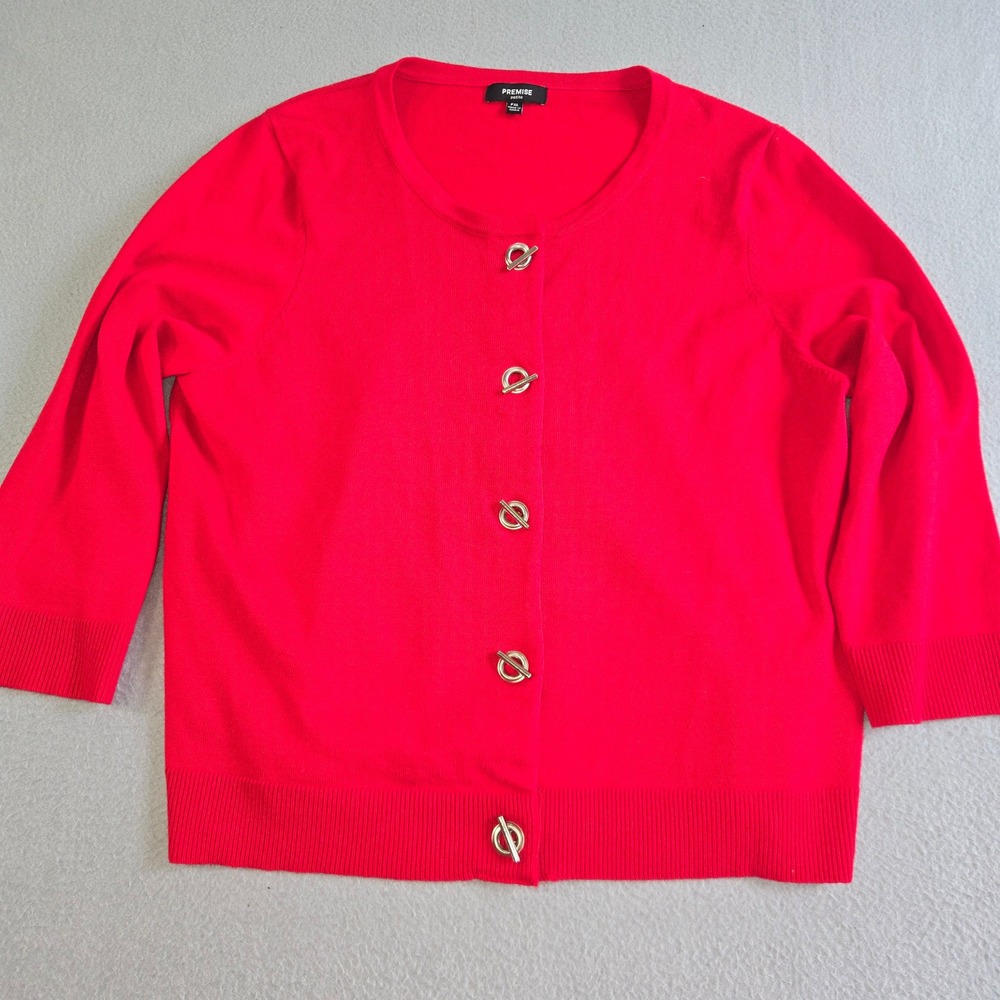 Premise Cardigan Sweater Womens PXL Red Toggle Front 3/4 Sleeve Crew Neck Knit